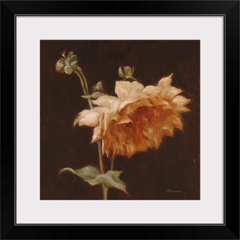 A square contemporary painting of a large chrysanthemum bloom in shades of orange.