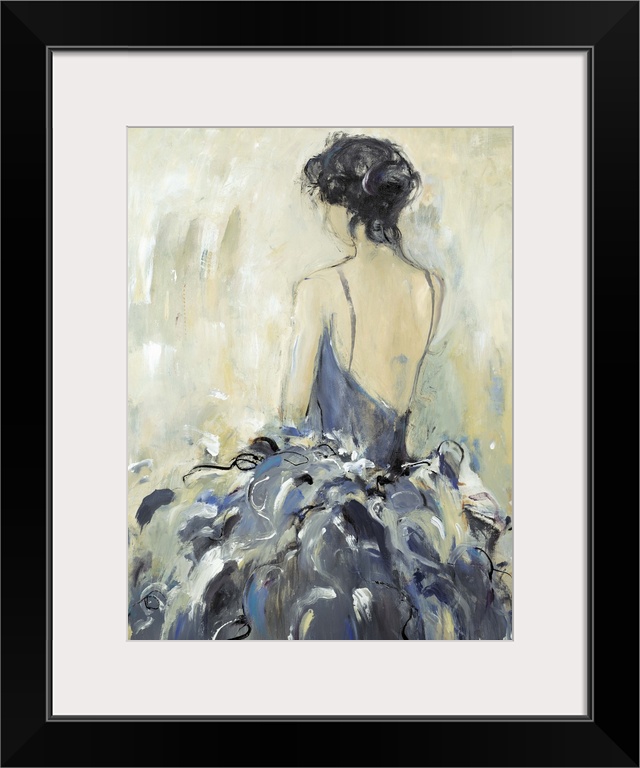 Contemporary painting of a woman with back turned to viewer wearing an elegant dress.