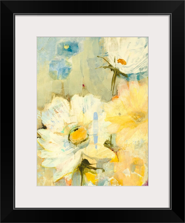 A decorative floral painting in bright, warm yellow tones.