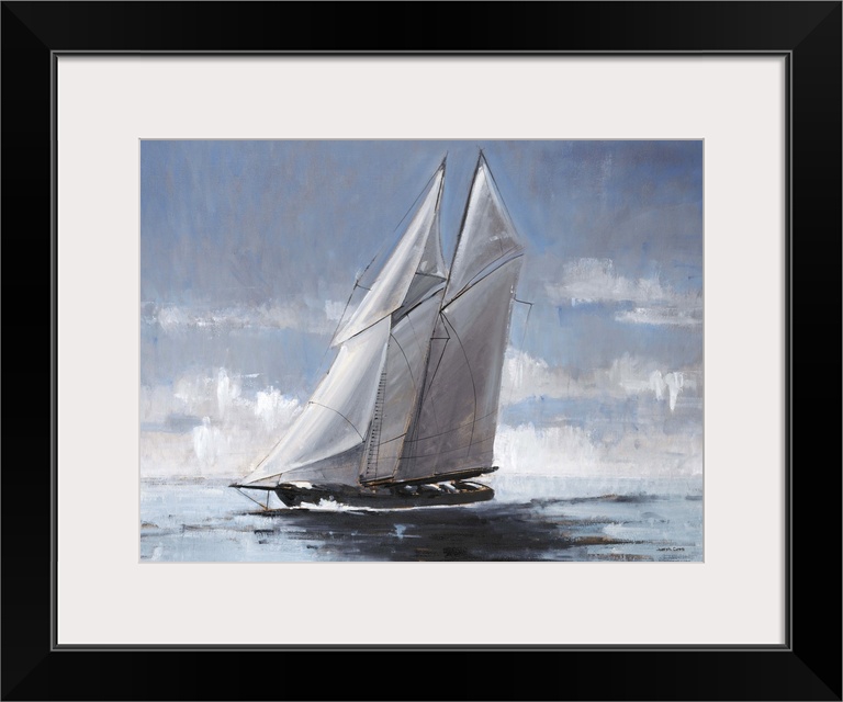 Contemporary painting of a sailboat with great big white sails gliding on the surface of the water.