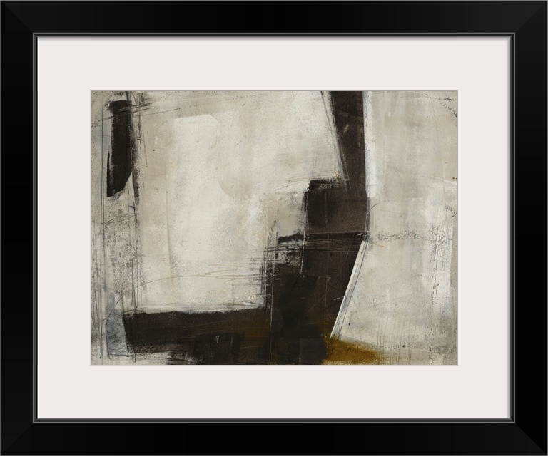 A bold, masculine abstract painting in moody neutrals with angular shapes, accented by charcoal scribbles