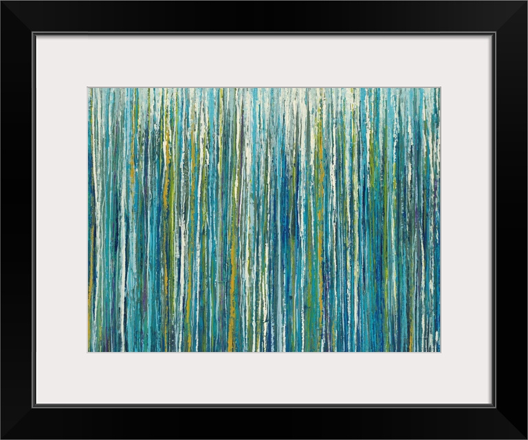 Abstract painting with cool toned vertical lines layered on top and next to one another.