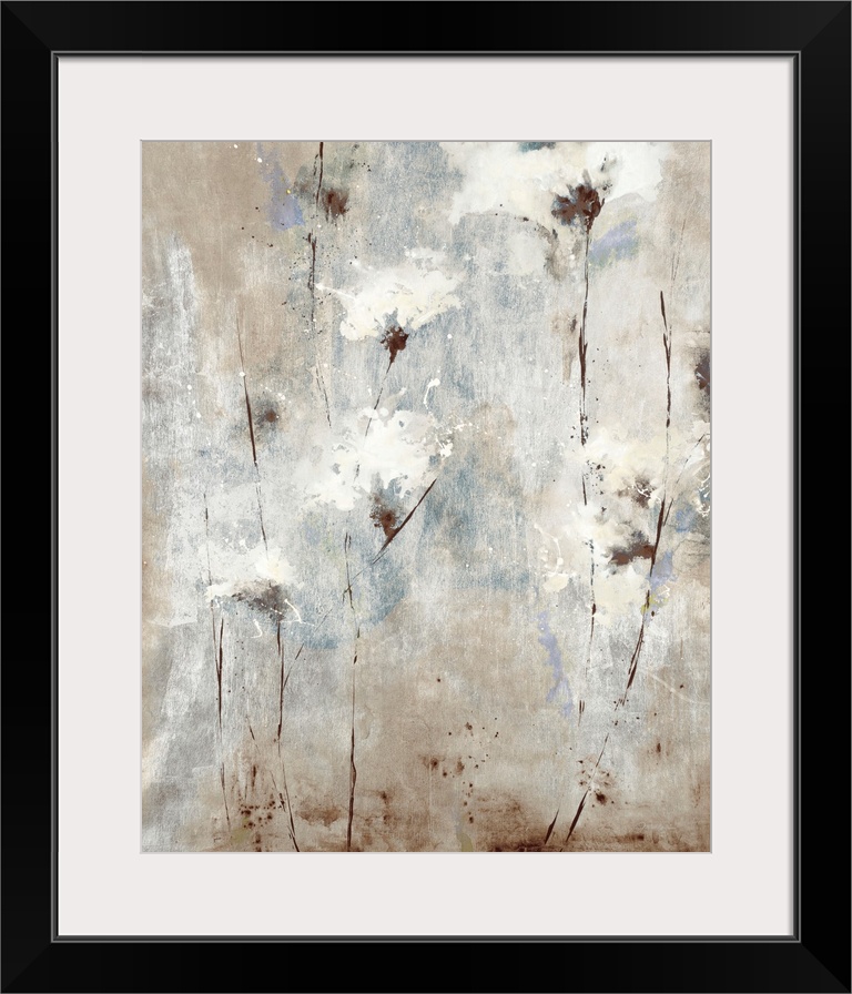 A soft, contemporary painting of whispy white flowers on a neutral background with blue tones