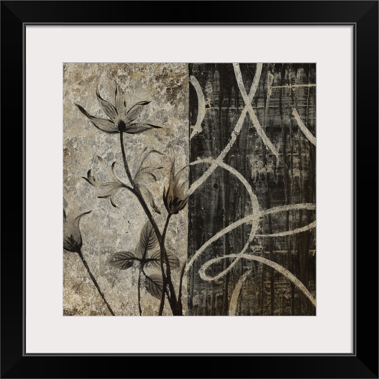 A decorative design of a brown flower on a speckled backdrop bordered with a beige and black swirled design.