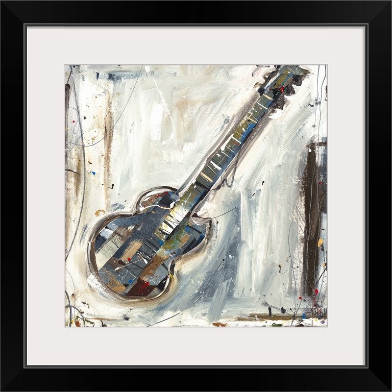 Contemporary abstract painting of musical instrument.  Brush strokes are visible along with paint splatter and drips.