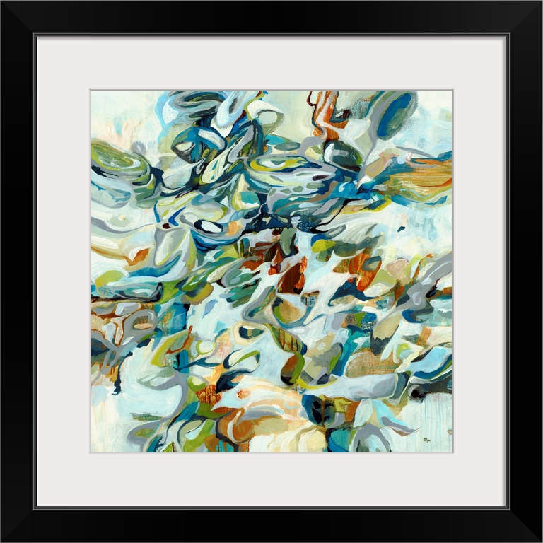 A contemporary painting in shades of leaf green and teal of organic shapes that resemble coral