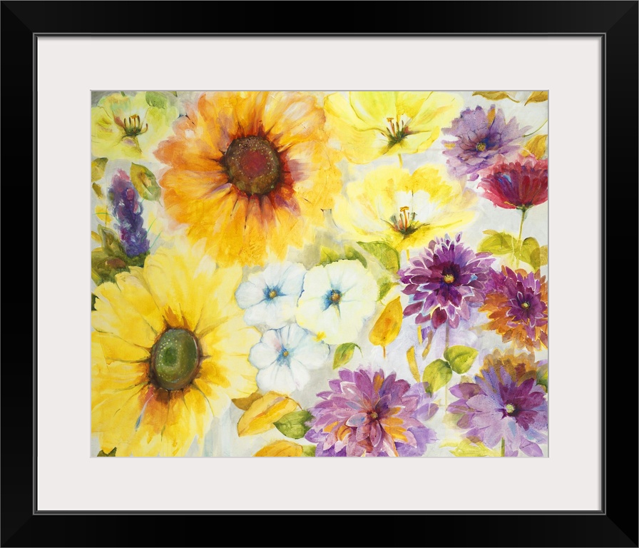 A painting of vibrant yellow and purple garden flowers.