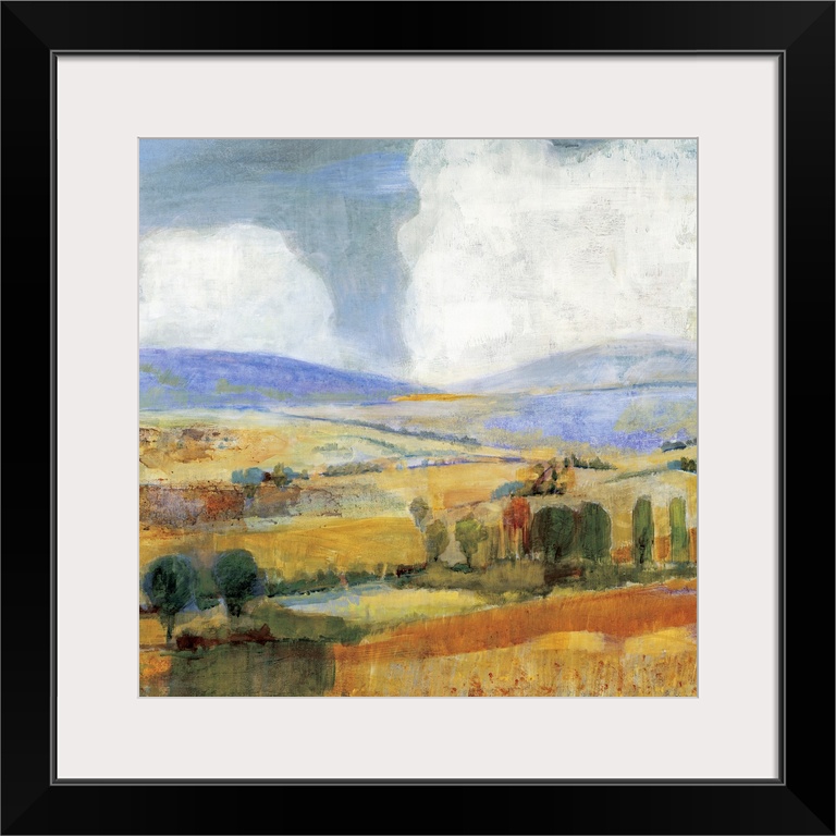 Square contemporary painting of a golden countryside of rolling hills and trees beneath a sky with large fluffy clouds.