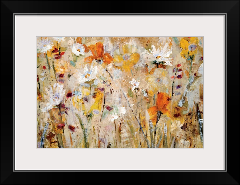 Close up of impressionistic flowers and stems in a busy horizontal abstract and a vivid color palette.