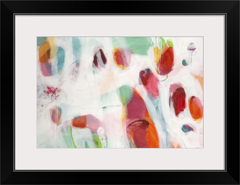 A contemporary abstract painting using splashes of red and pale green against an off white background.