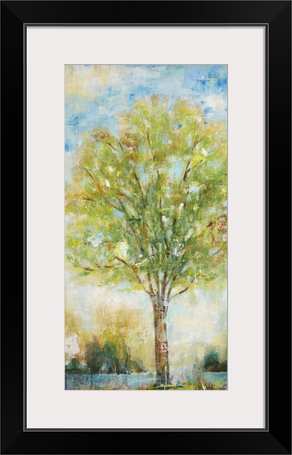 Contemporary painting of a tree with bright green foliage.