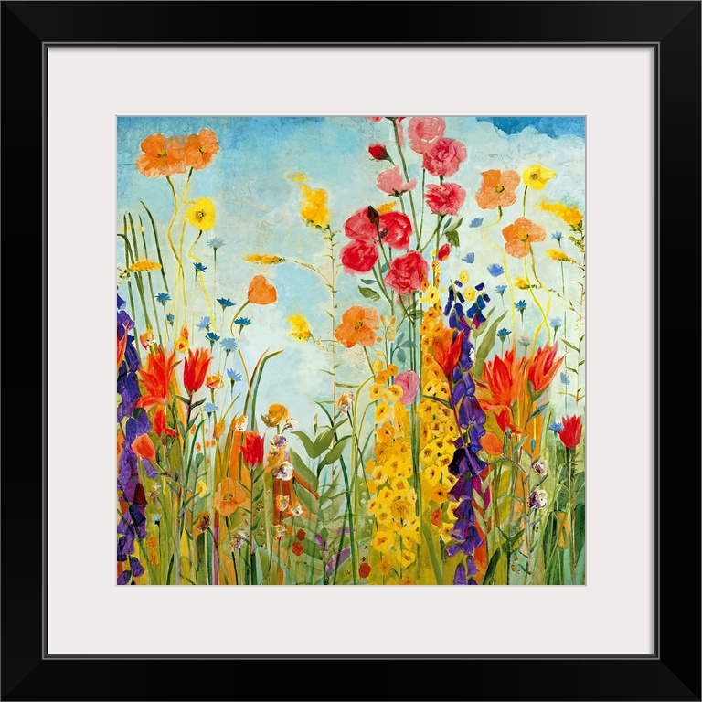 A square, contemporary painting of a variety of flowers on a sunny day. Floral wall art perfect for the home or office.