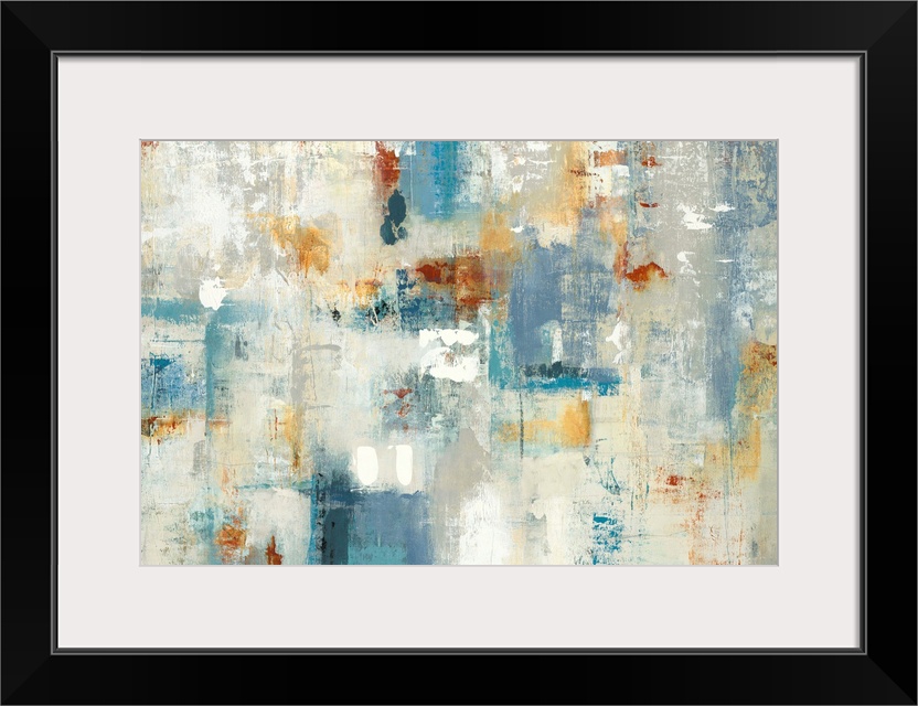 Large abstract painting with shades of blue, yellow, orange, gray, and white.