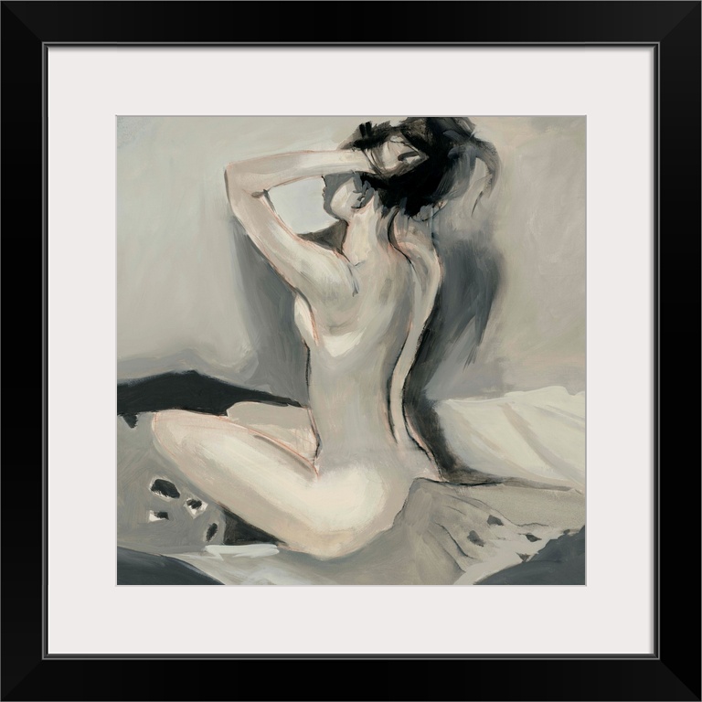 Square painting of a nude woman sitting on a bed holding her hair up with both arms in neutral colors.