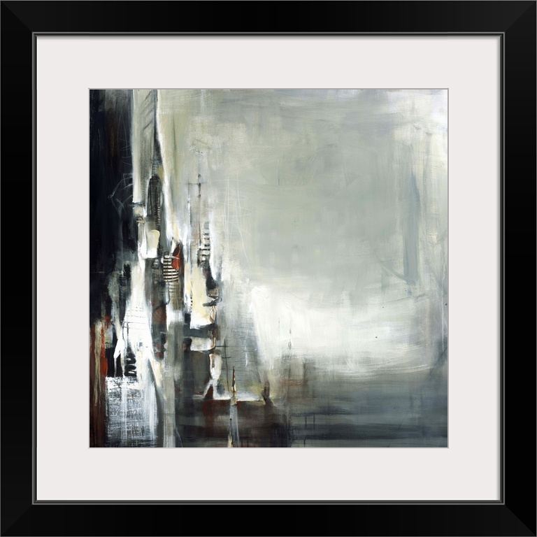 Contemporary abstract painting using contrasting deep colors and intricate lines.