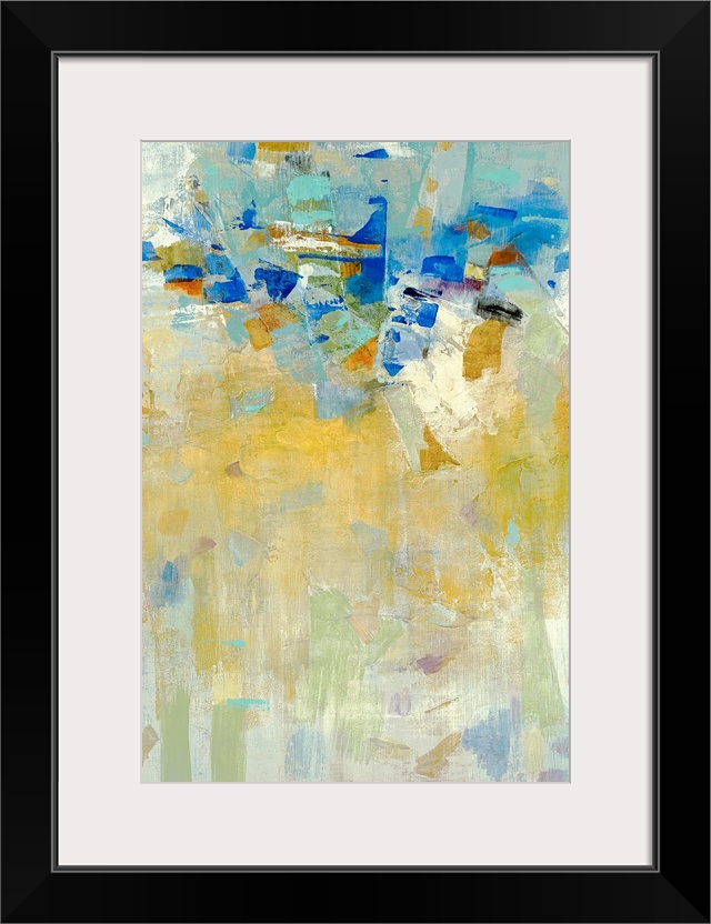Panoramic abstract art incorporates a muted background overlaid with jagged scraps of cool tones grouped together towards ...
