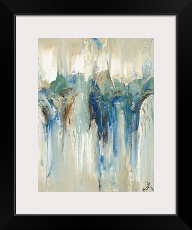Large contemporary painting with an abstract design in the middle on a beige background with blue, green, and brown tones ...