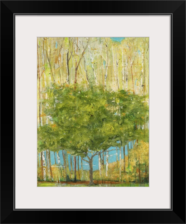 Contemporary painting of a single green tree dwarfed by taller trees with pale foliage.