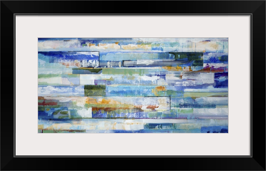 A contemporary abstract painting using predominantly blue and green tones in horizontal movements.