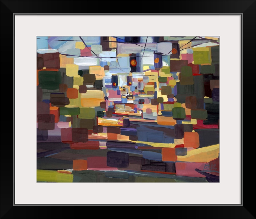 Contemporary abstract painting of an urban environment deconstructed into geometric shapes.