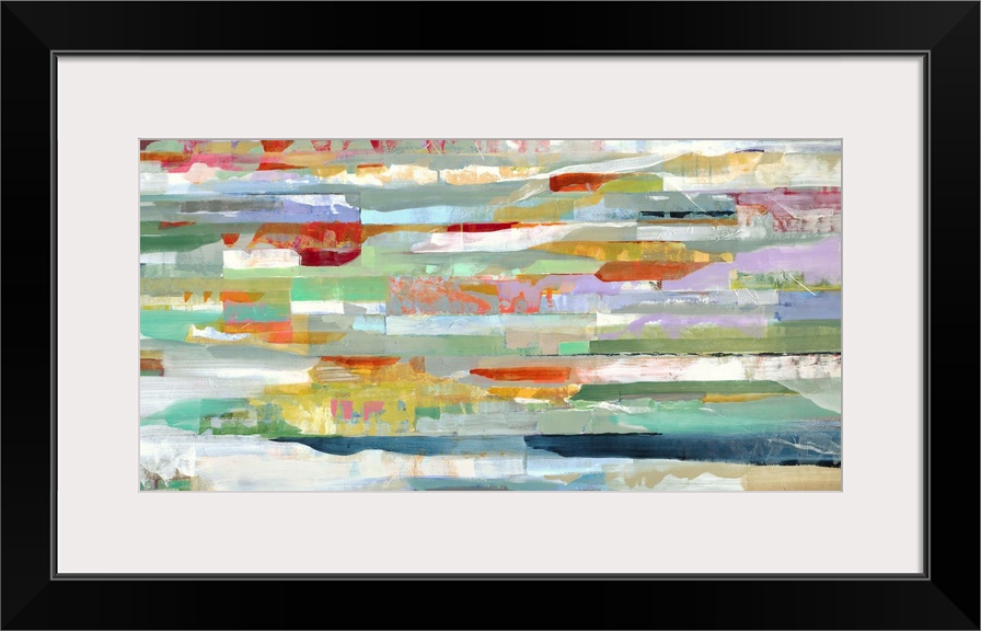 A contemporary abstract painting of multi-colored horizontal lines.