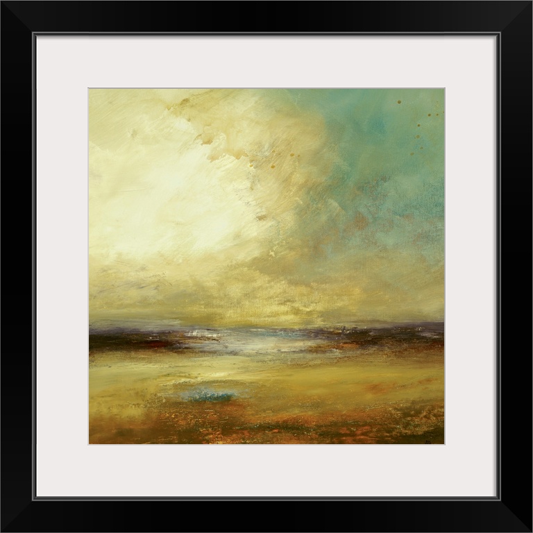 Large abstract landscape painting showcasing a cloudy sky over a beach and ocean.  This piece is composed of mostly Earthy...