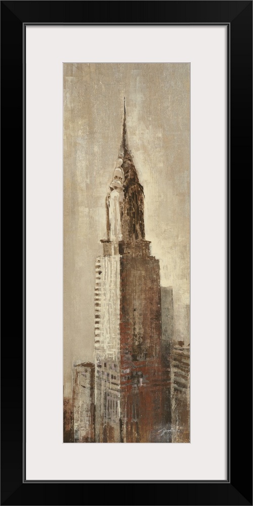 A long vertical contemporary painting of the Chrysler building in New York, done in mute earth tones.