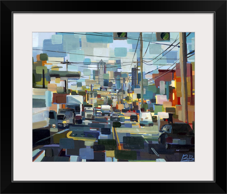 Contemporary abstract painting of an urban environment deconstructed into geometric shapes.