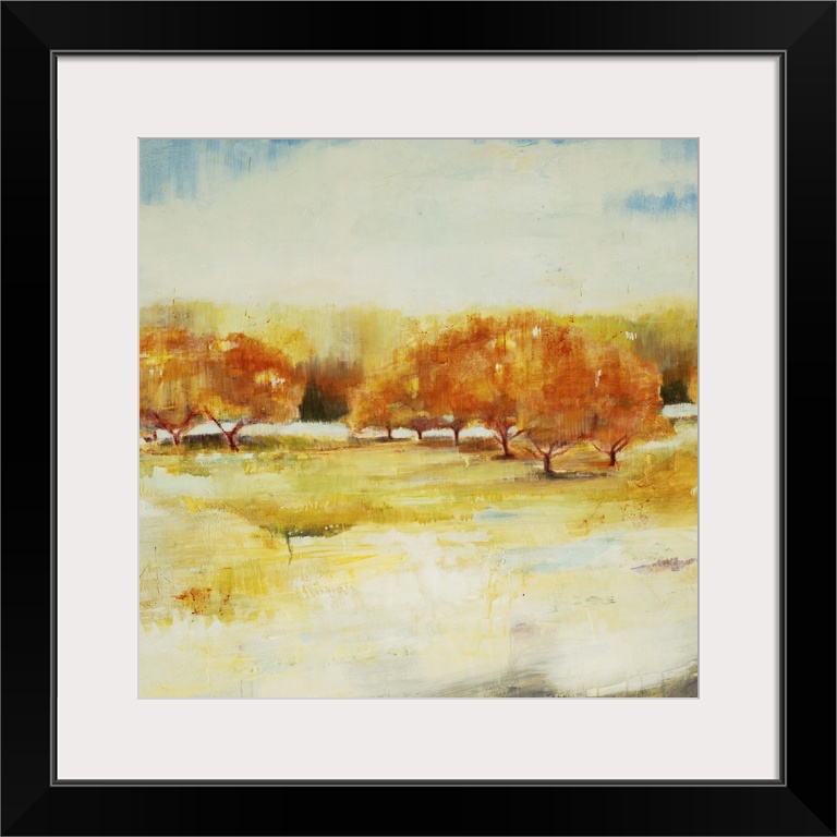 Contemporary landscape painting looking out over autumn foliage.