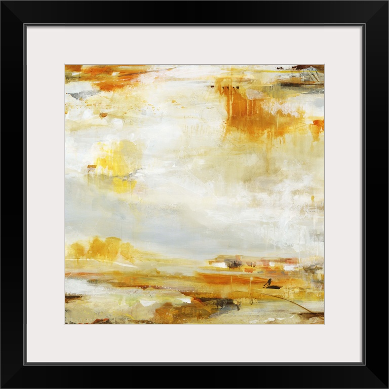 A contemporary abstract painting of splashes of golden orange and brown against a neutral background.