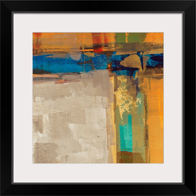 A bright square abstract painting of thick crossing colors of orange, blue, yellow and green.