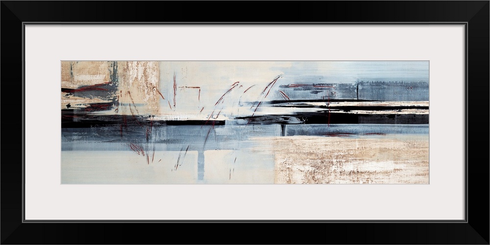 Contemporary abstract painting using cool tones mixed neutral tones and harsh lines.