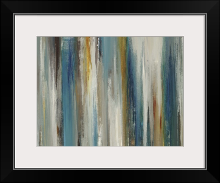 Abstract painting using cool colors and neutral colors in vertical swipes.