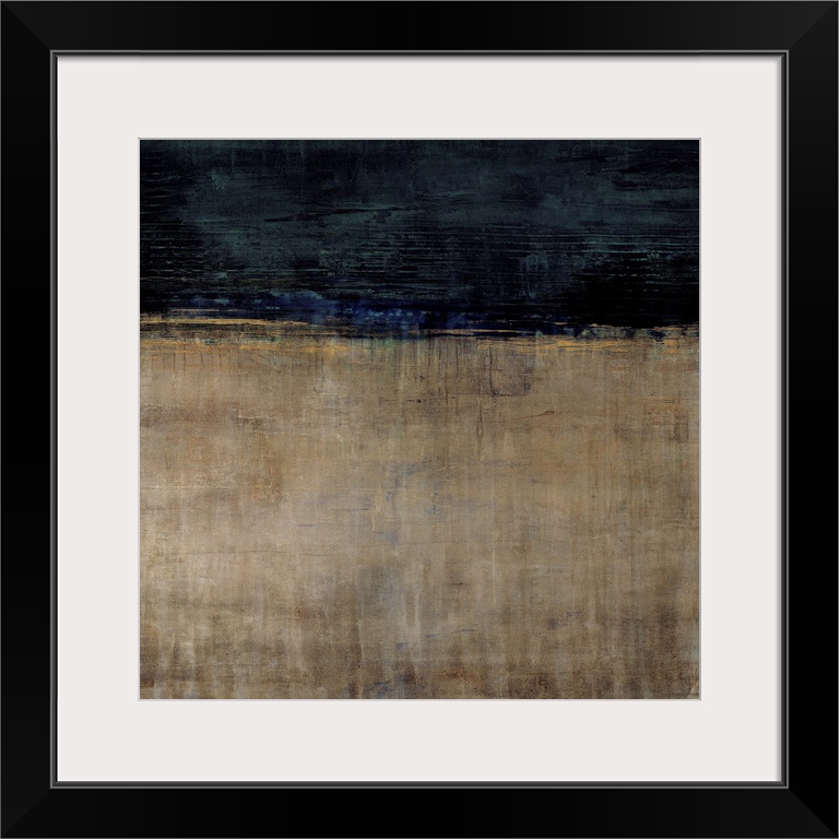 Contemporary abstract painting using earth tones and dark blue to make a color field.