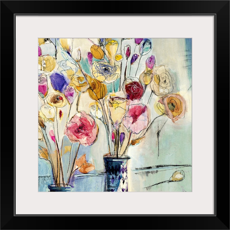 Ink and watercolor artwork of flowers in vases printed on canvas.