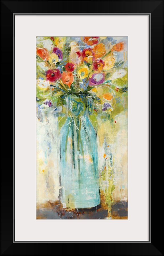 Large panel painting of colorful wildflowers in a glass vase.