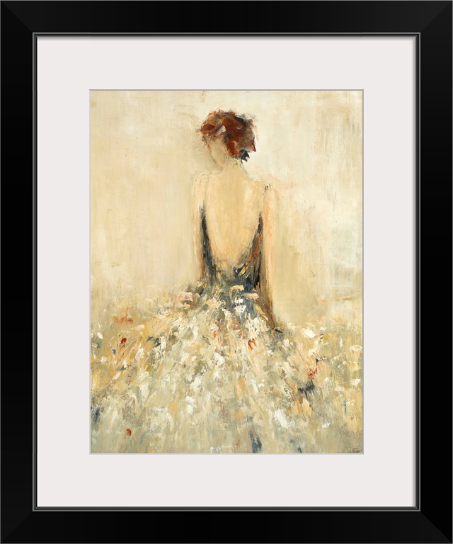 Abstract painting of the back of a woman wearing a flowing gown in neutral tones.