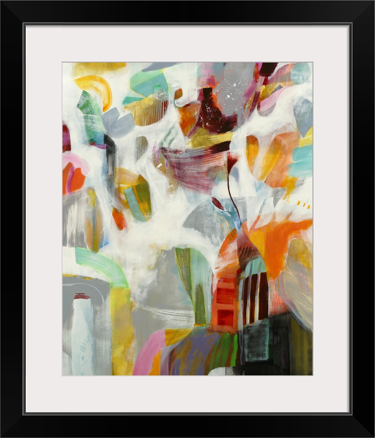 A contemporary warm season painting with layers of organic shapes in yellows, oranges and teal on a white and grey background