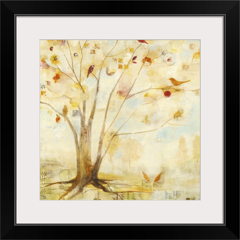 Contemporary painting of a tree in pale golden colors.