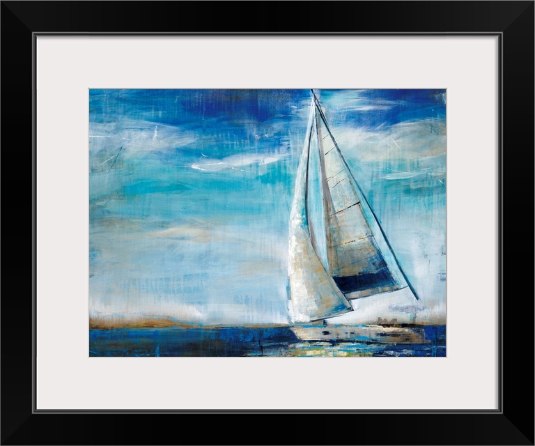 Large, horizontal painting of a sailboat in deep blue waters, against a sky of whipping clouds. Painted with quick, wispy ...