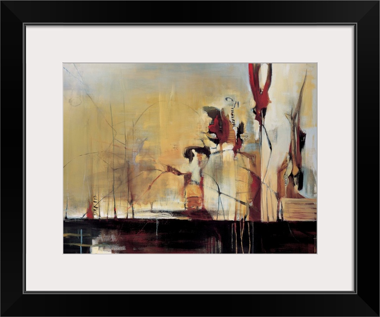 Contemporary abstract painting using harsh lines and wild strokes of warm tones.