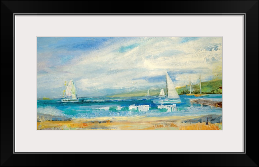 Large artwork for a living room or office of sailboats making their way out to sea near a beach with a hill in the backgro...