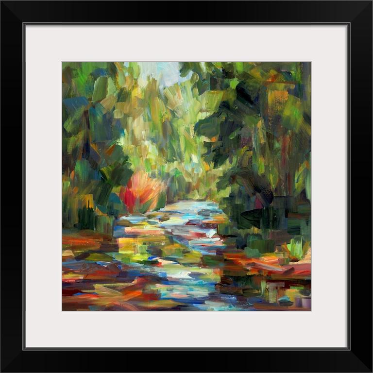 A bold contemporary landscape painting with bold, blocky brushstrokes resembling a river flowing between tall trees