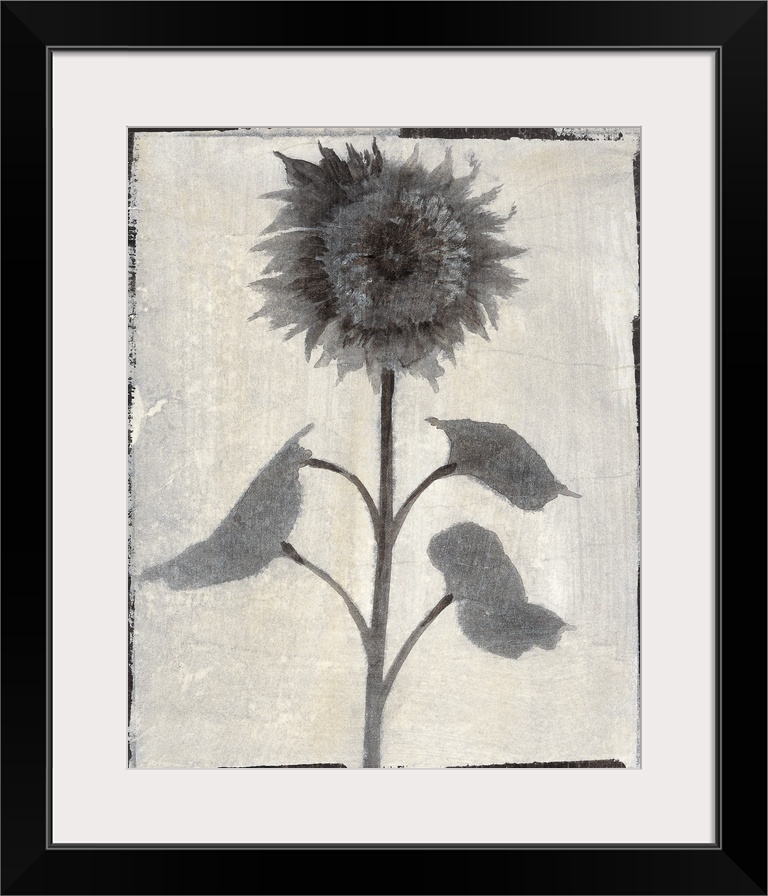 Vertical contemporary painting of flowers in faded shades of grey with a rough, simple black border.