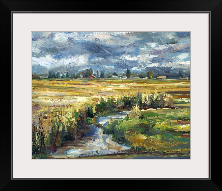 Contemporary landscape painting of a plains with a creek running through it.