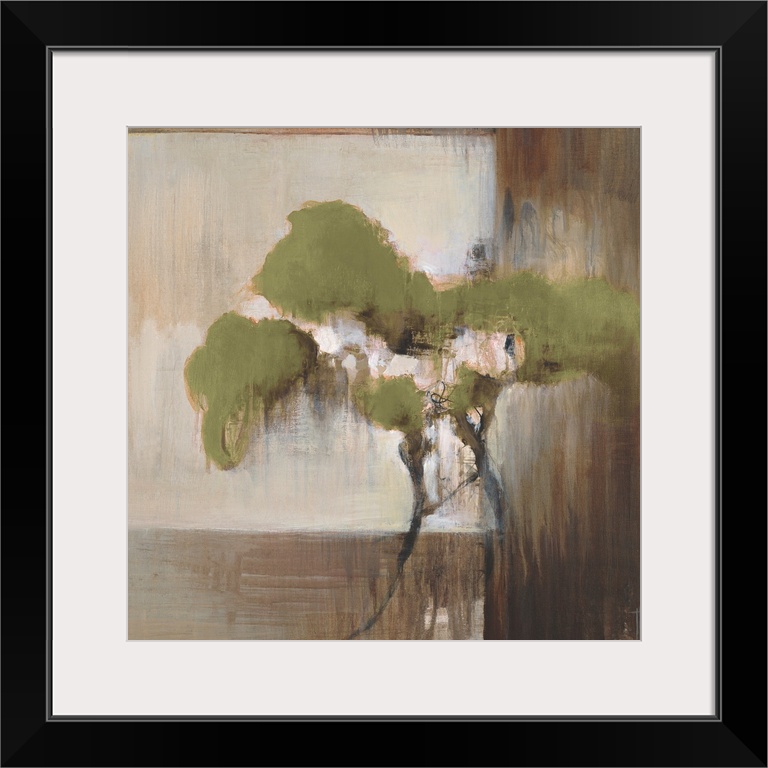 Contemporary artwork of a single tree painted against blocks of neutral colors.