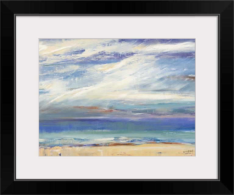 Contemporary abstract painting representing a coastal landscape in blue, green, yellow, brown, and white hues.