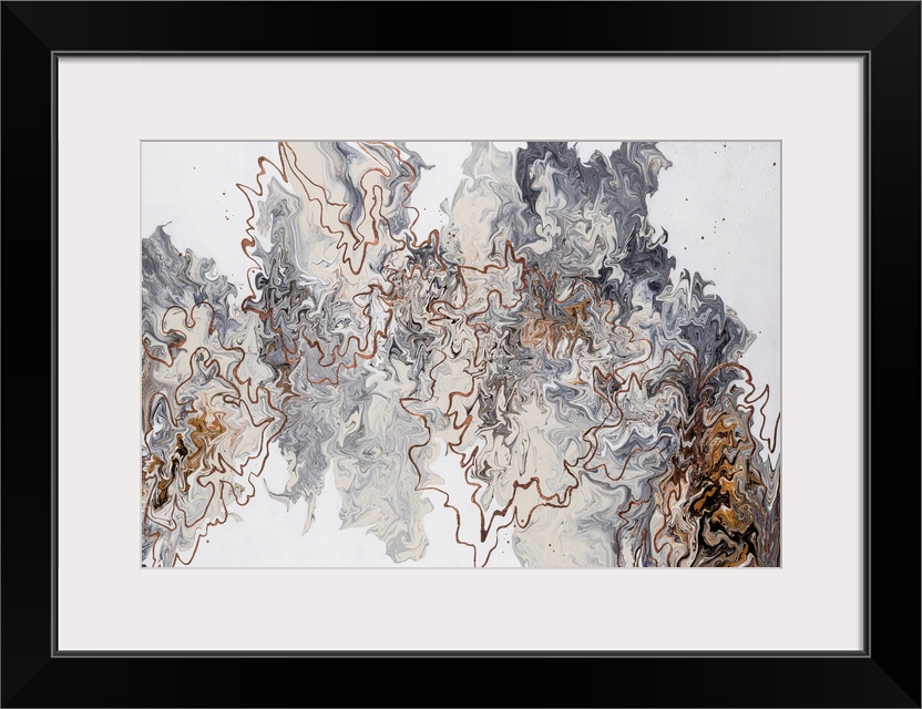 A very contemporary abstract painting in neutral tones of grey and beige with warm metallic copper accents. The poured pai...