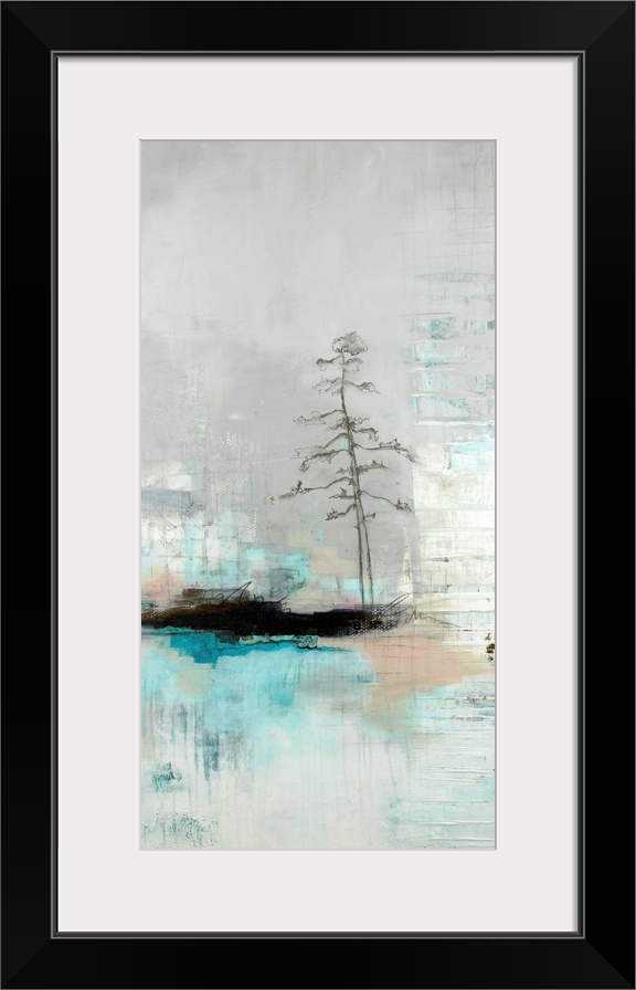 A light toned, contemporary painting featuring a lone tree on an island, in a very abstracted form