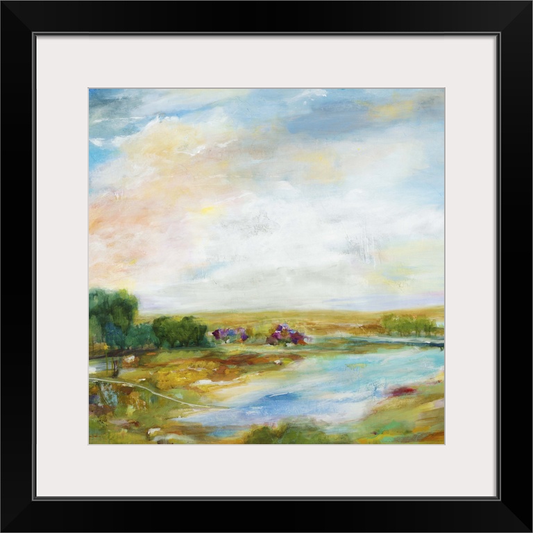 Contemporary landscape painting looking out over a countryside pond.